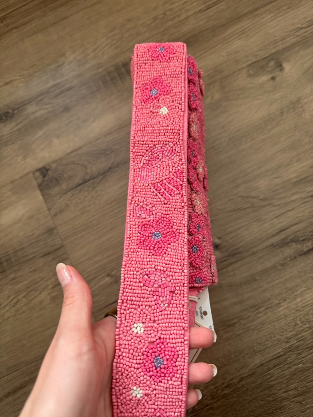 Pink Beaded Floral Shoulder Bag with Wide Strap - Picture 8 of 9